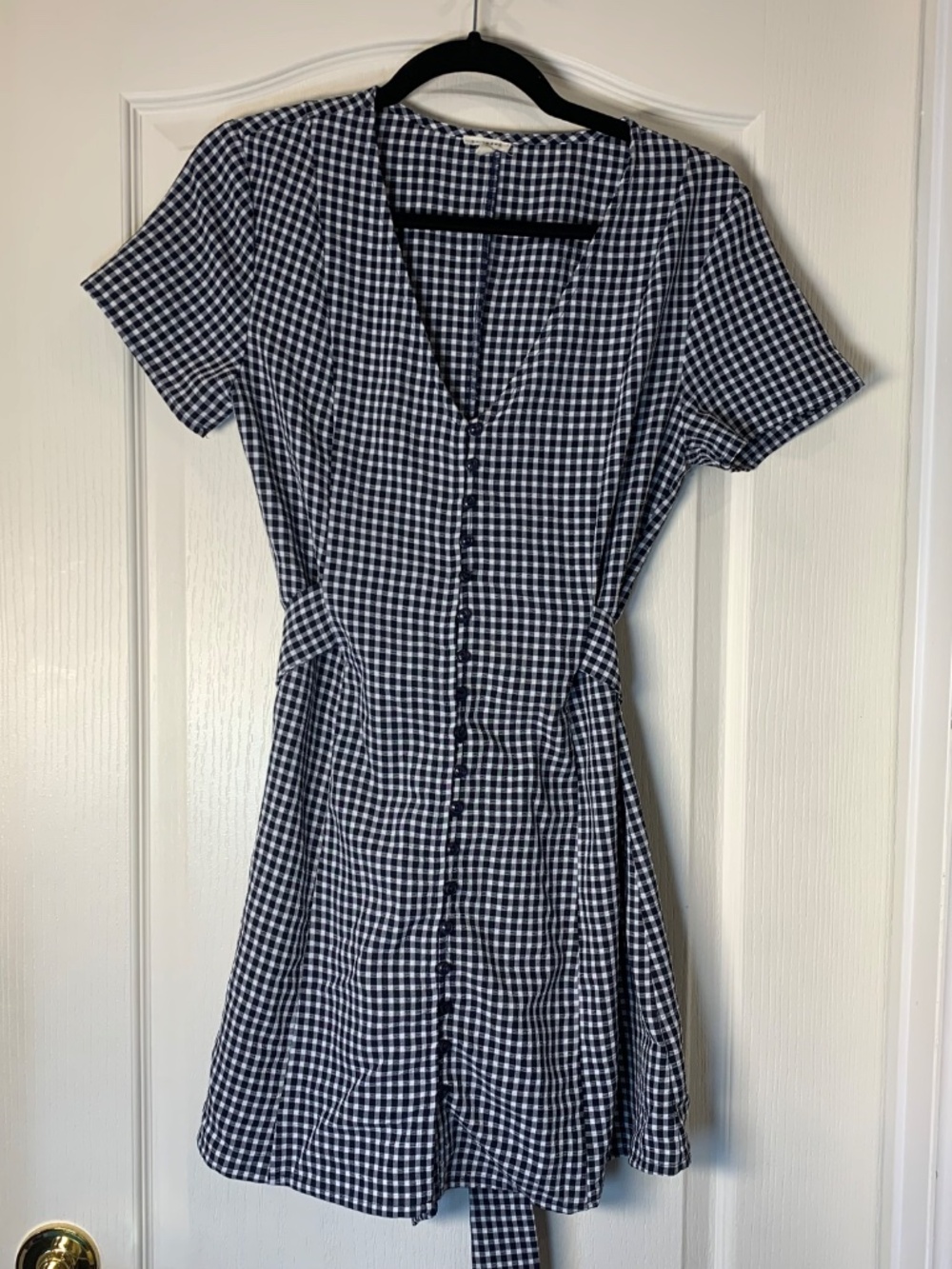 EN CRÈME Gingham Dress‎ Black White Button Front Belted Mini Dress Size Small
